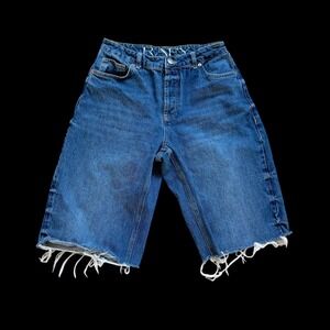 Raey Womens Blue Denim Longline Bermuda Shorts Raw Hem Organic Cotton Size 26